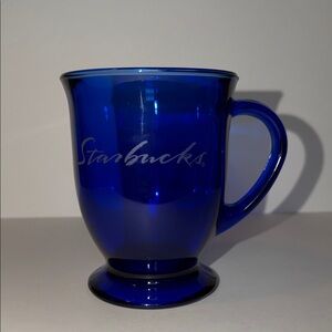 Vintage Starbucks Cobalt Blue Glass Coffee Mug Etched Cursive Logo AnchorHocking